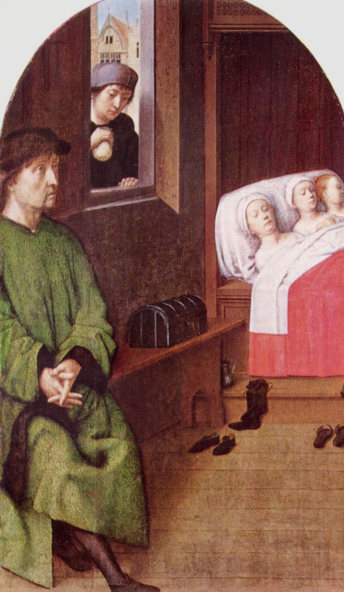 Sveti Nikola pruža vreću sa zlatnicima kroz prozor, Gerard David, foto: wikipedia