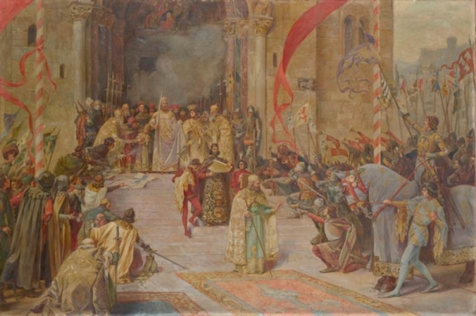 Proglašenje Dušanovog zakonika, Paja Jovanović (Muzej grada Beograda)Na ovoj predstavi Paja Jovanović slikao je onovremene istorijske ličnosti, a prema njegovoj skici sa potpisima vitez Braht je prvi vitez s leva (na stepeništu), foto: Muzej grada Beograda